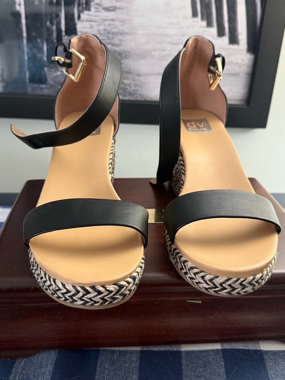 DV by Dolce Vita Black Ankle-Strap Espadrille Wedge Sandals with Tan Footbed